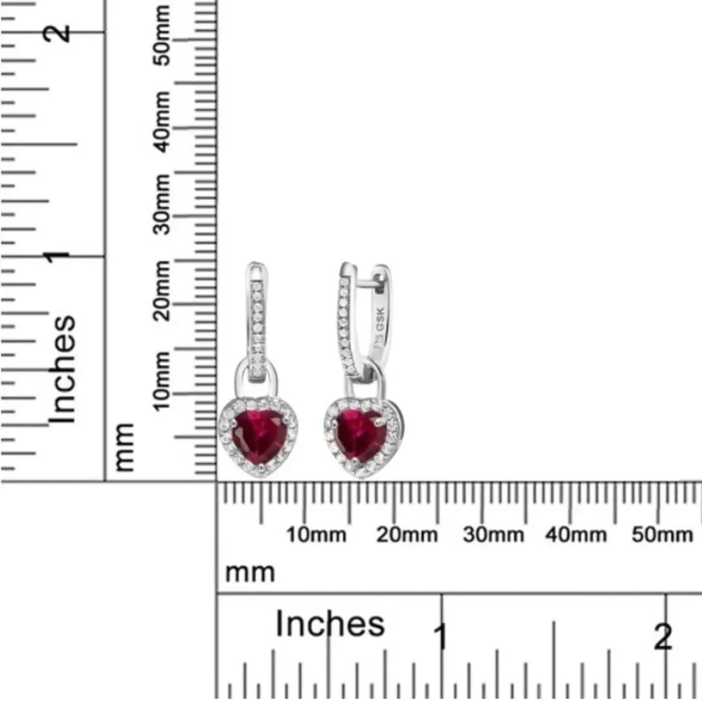 925 Sterling Silver 2.42 Cttw Ruby and White Sapphire Heart French Lock Earrings
